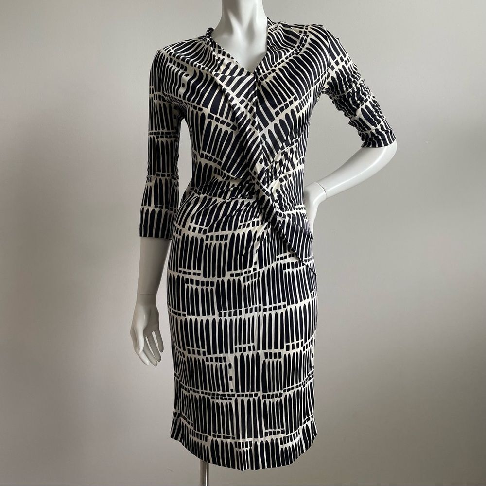 RENA LANGE Navy Blue & White 3/4 Length Sleeve Career Wear Dress